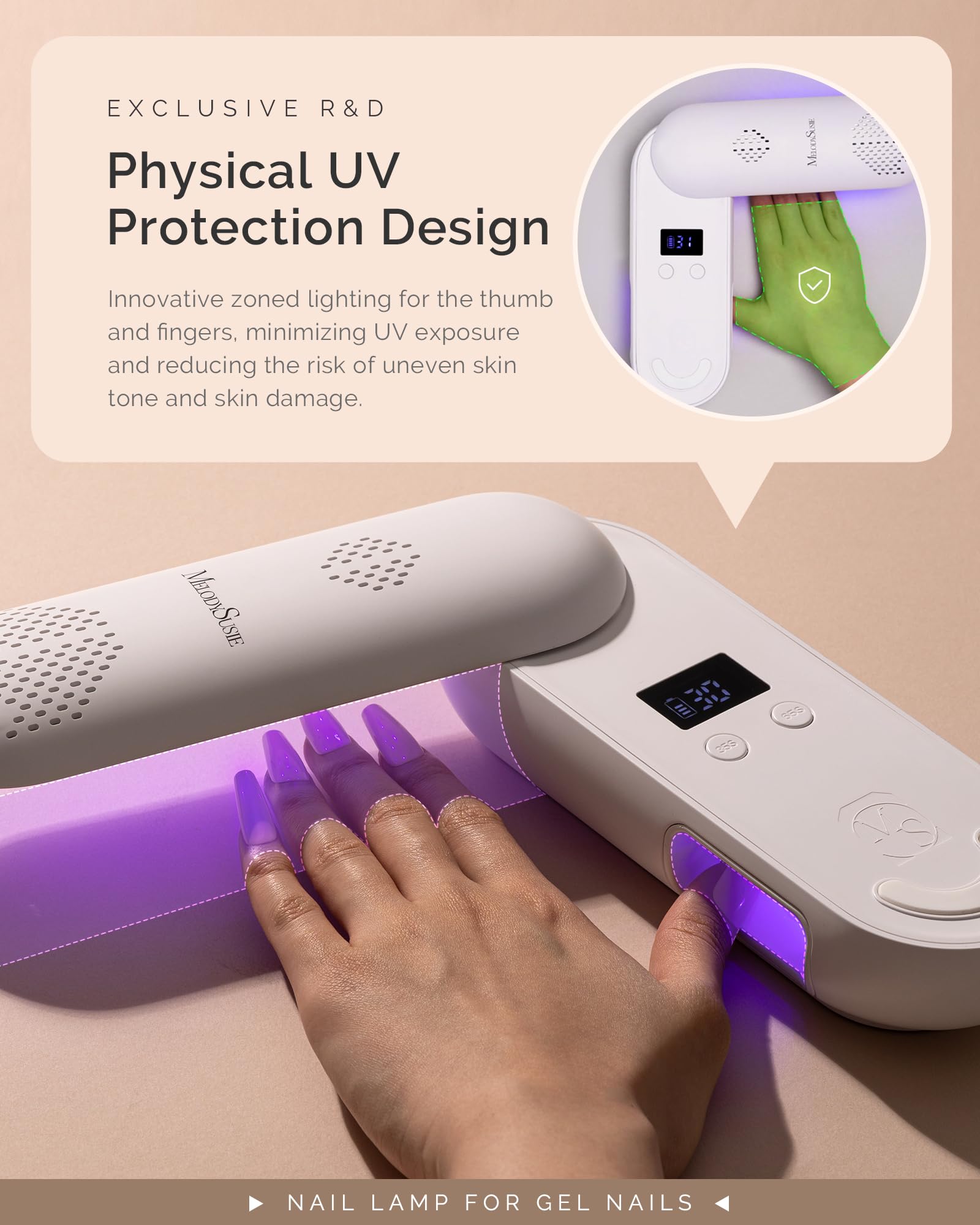 MelodySusie lamp beside a hand to show compact, travel-friendly scale