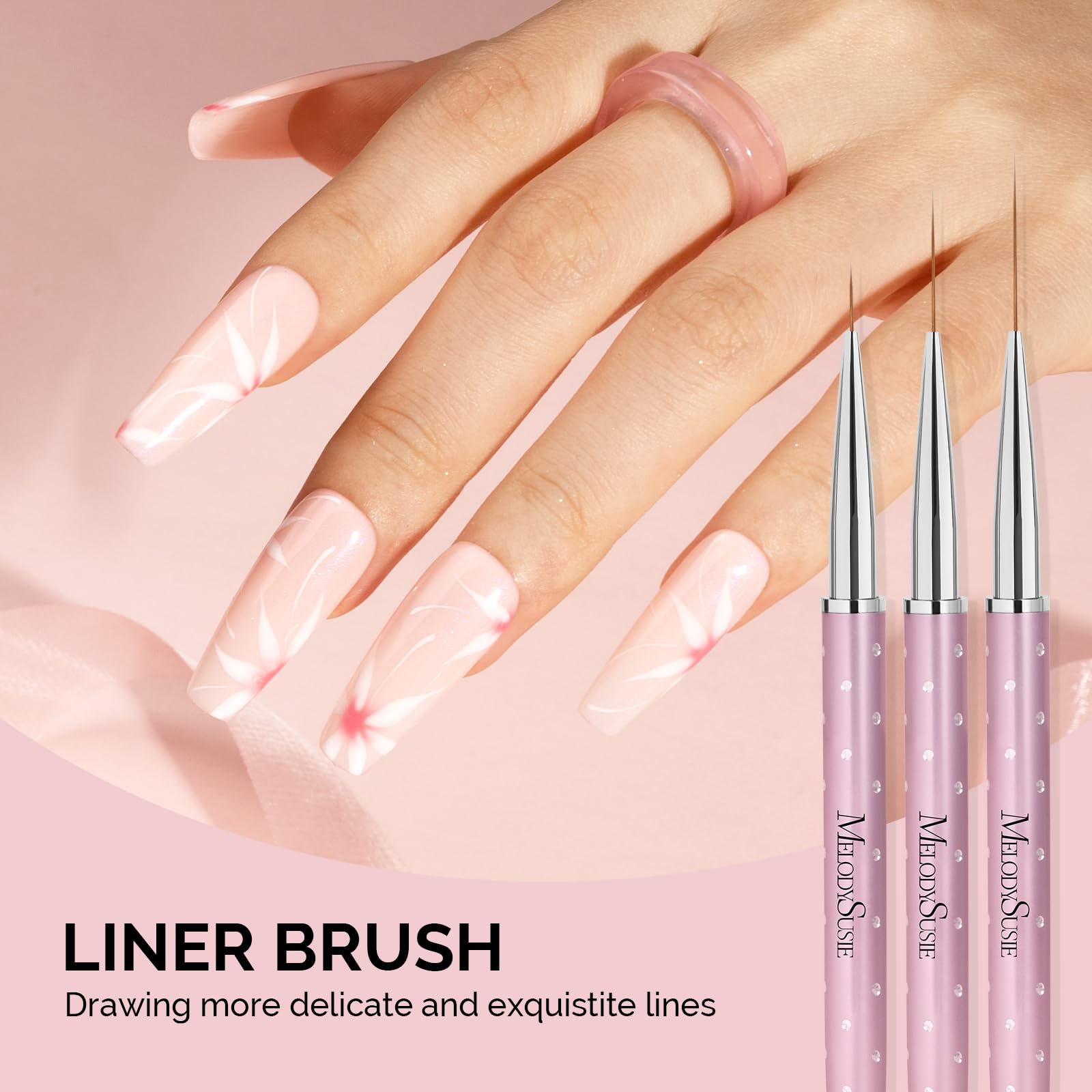 MelodySusie brush set creating floral nail art, enabling fine lines and effects