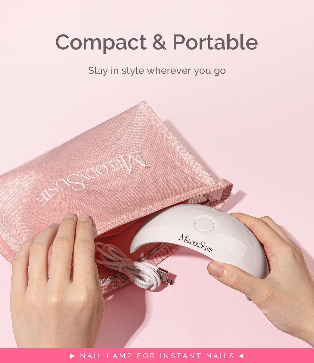 MelodySusie lamp curing gel on nails demonstrating fast, low-heat finish