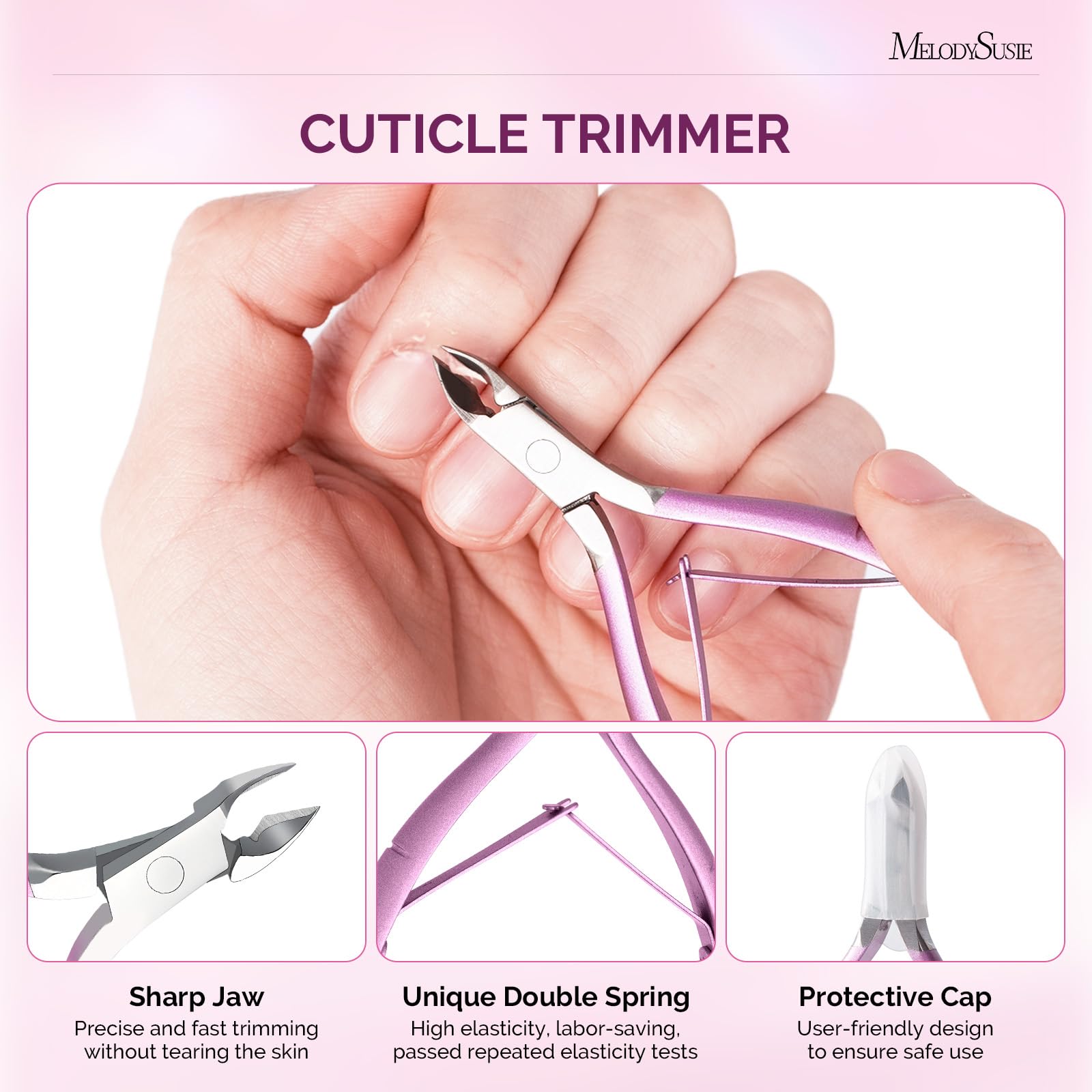 MelodySusie cuticle trimmer detail showing fine jaws for precise trimming