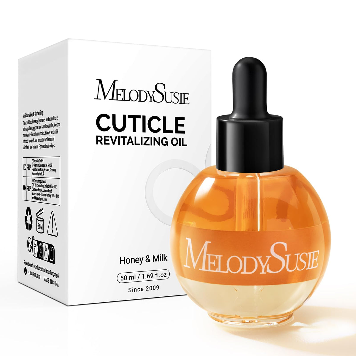 MelodySusie front bottle showing honey milk cuticle oil, nourishing hydration