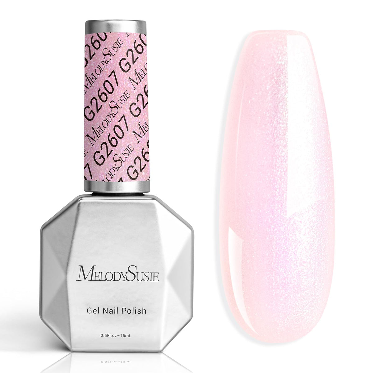 MelodySusie bottle front view showing shimmer pearl pink finish and long-lasting shine