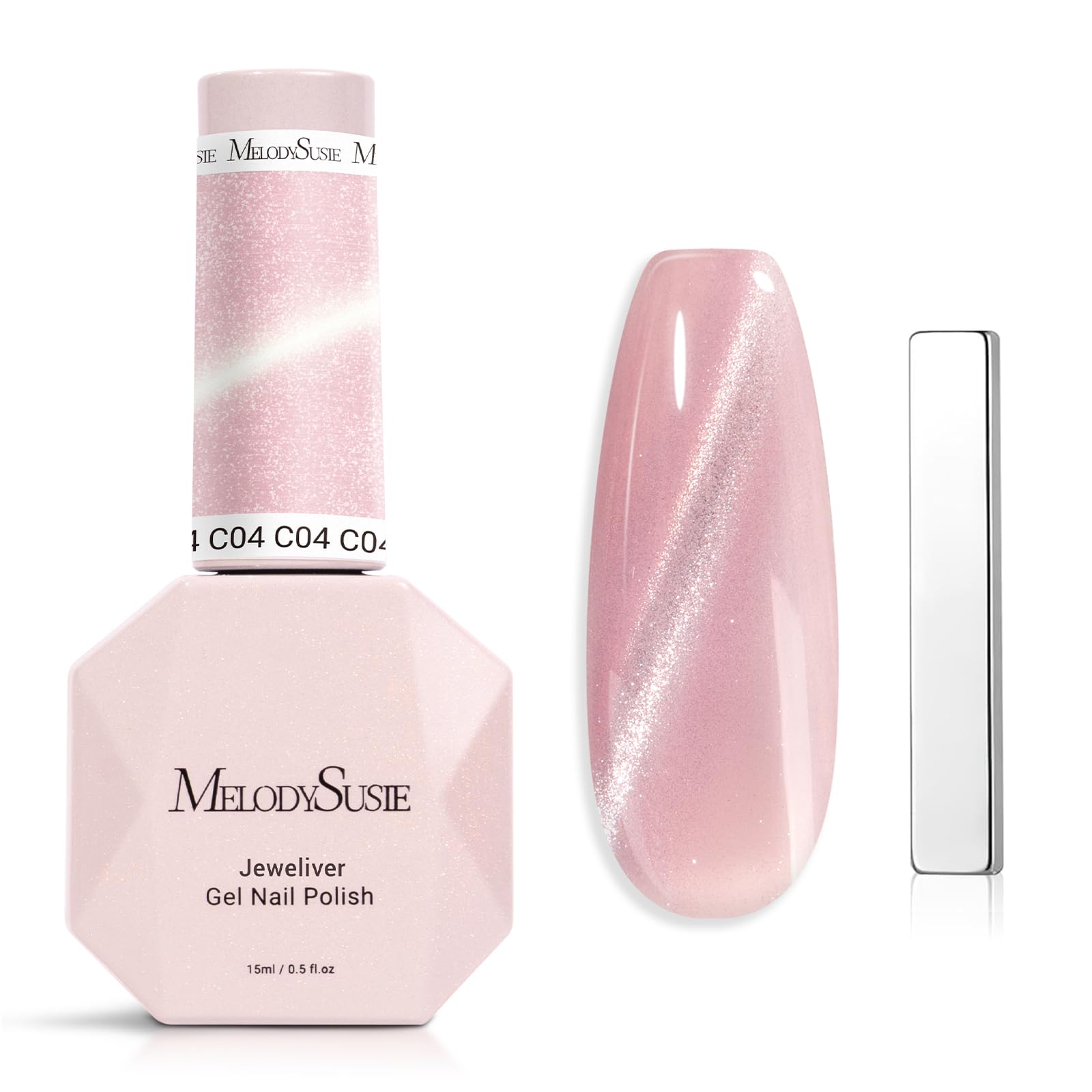 MelodySusie front label showing C04 pink holographic polish, clear product identity and benefit