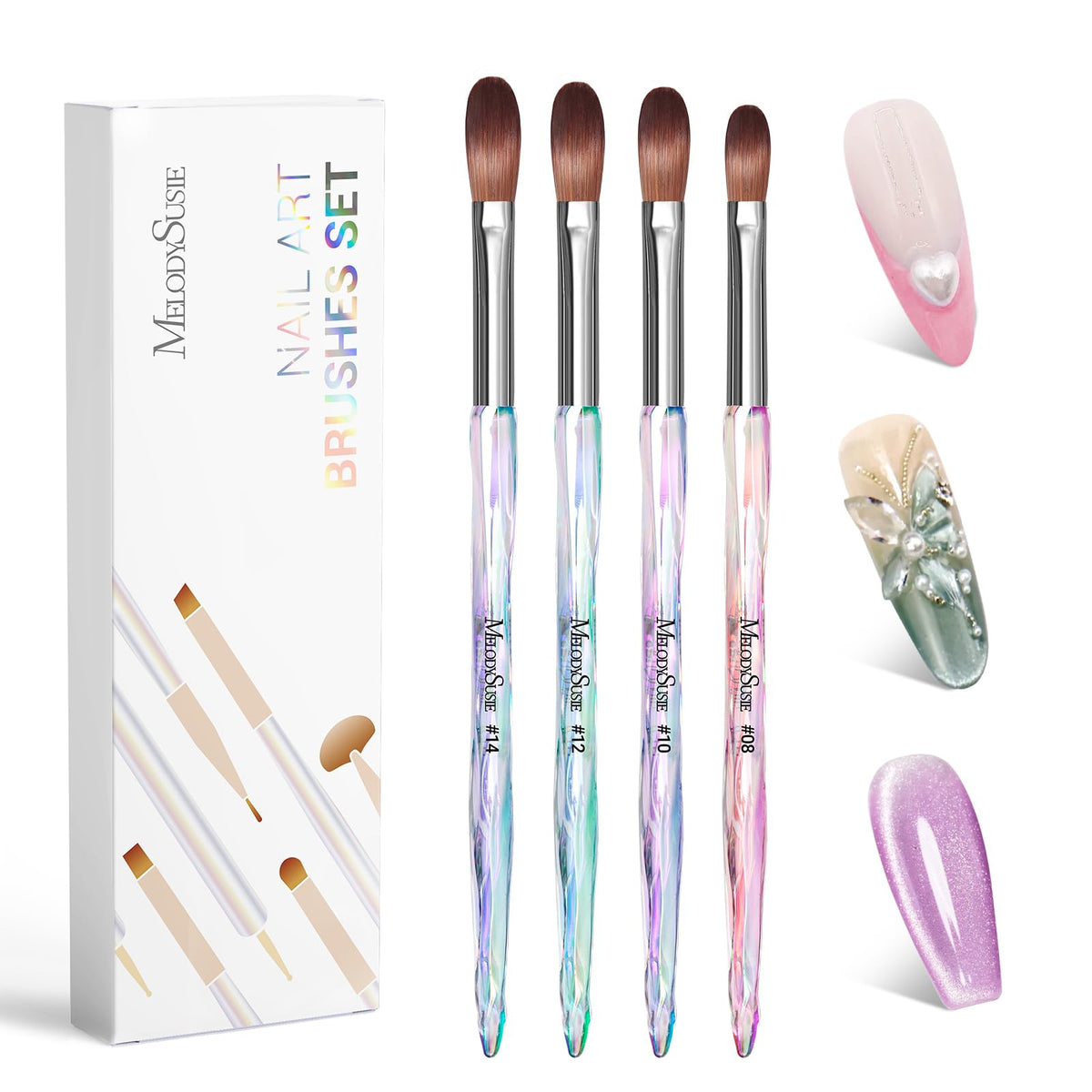 MelodySusie front packaging showing full 4-piece brush set and benefits