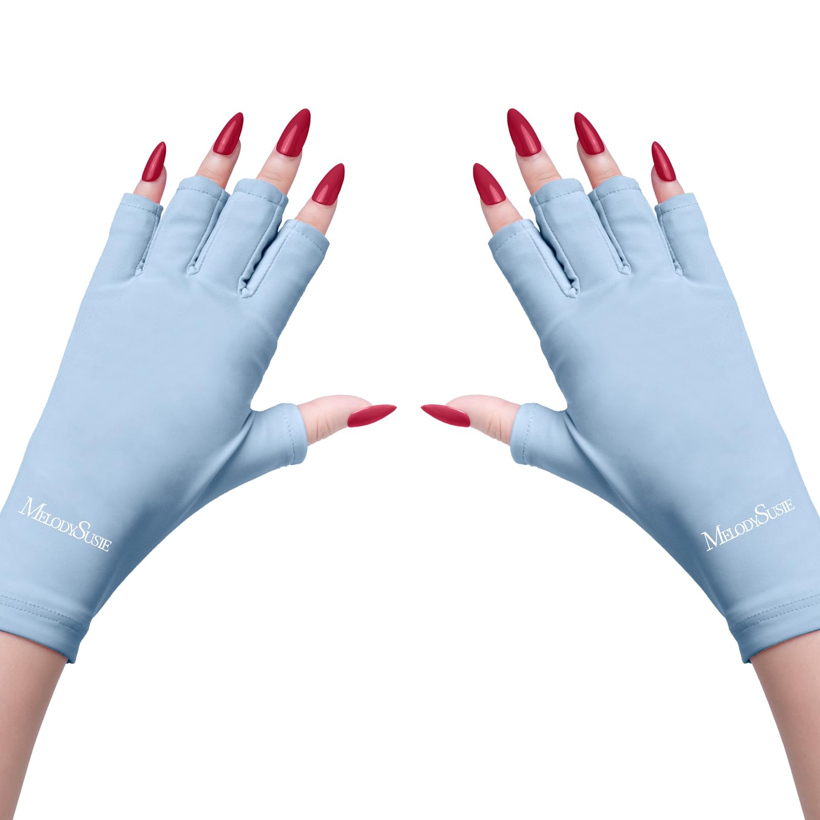 MelodySusie front view of baby blue gloves showing sleek fit and protection