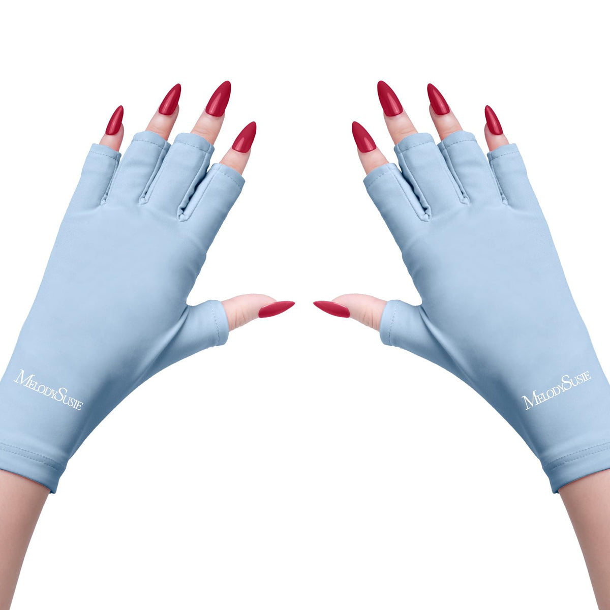 MelodySusie front view of baby blue gloves showing sleek fit and protection