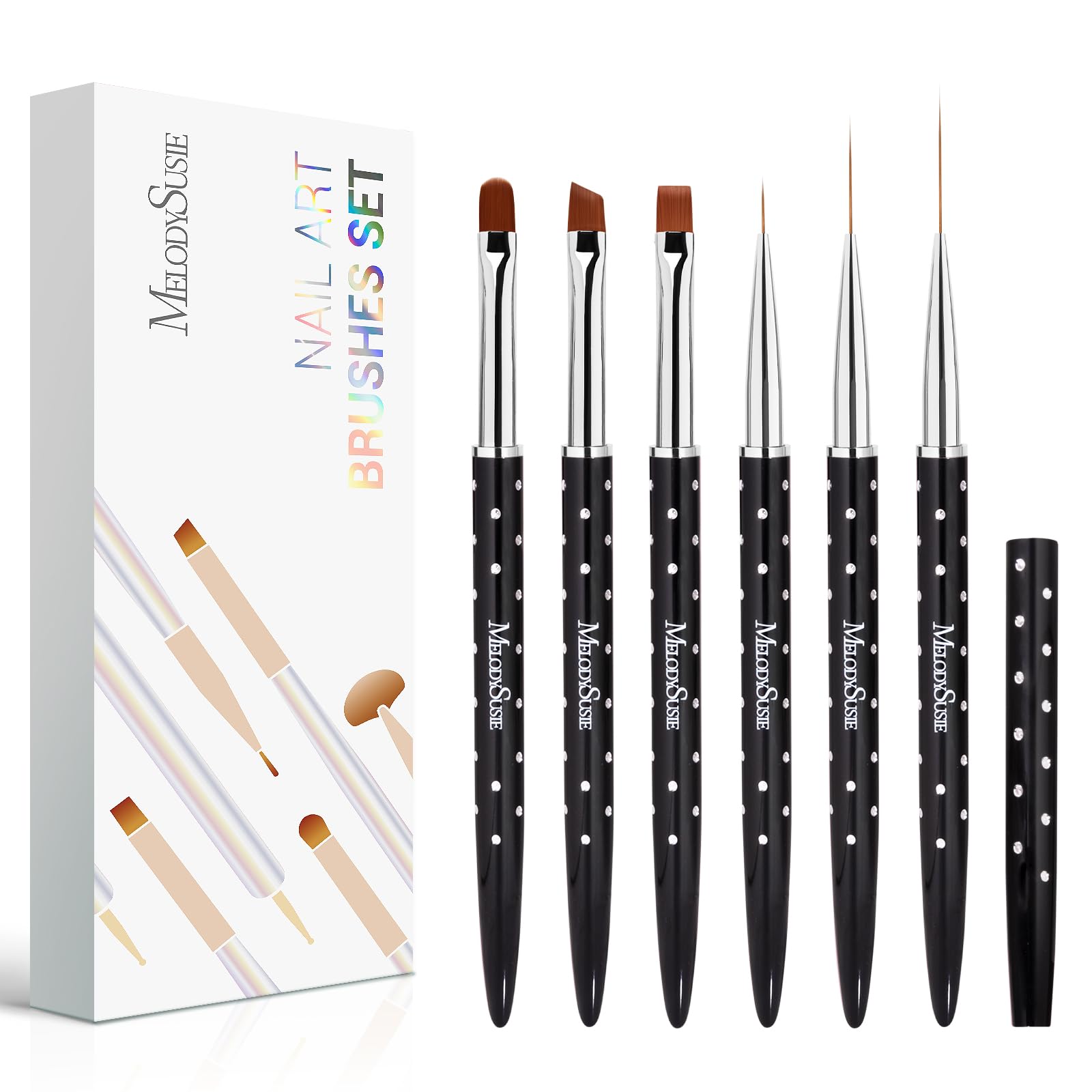 MelodySusie front view of six-piece brush set showing stylish finish and caps