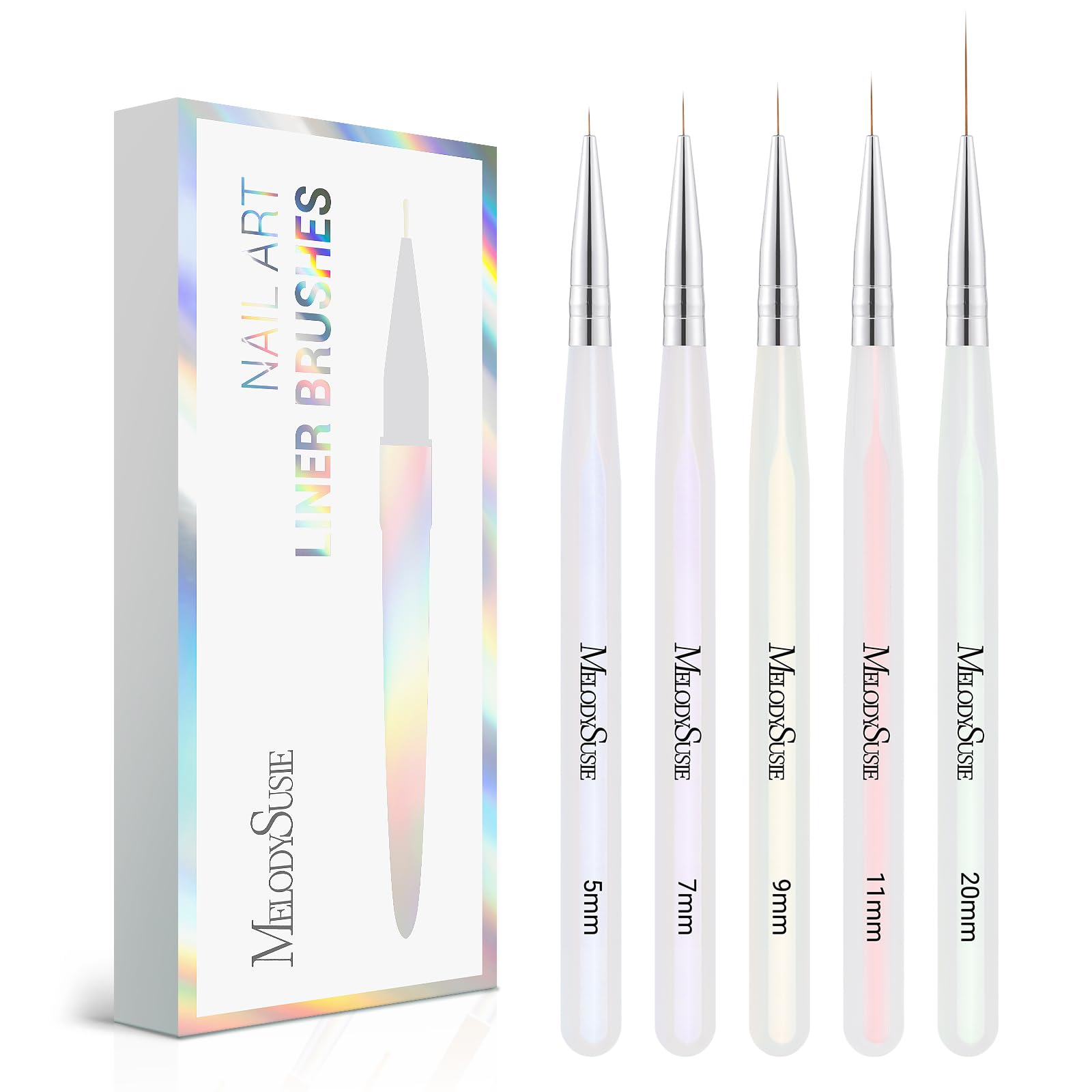 MelodySusie brush set front view showing five sizes for precise nail art