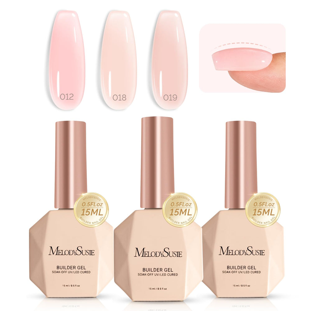 MelodySusie front packaging showing three builder gel bottles and benefits