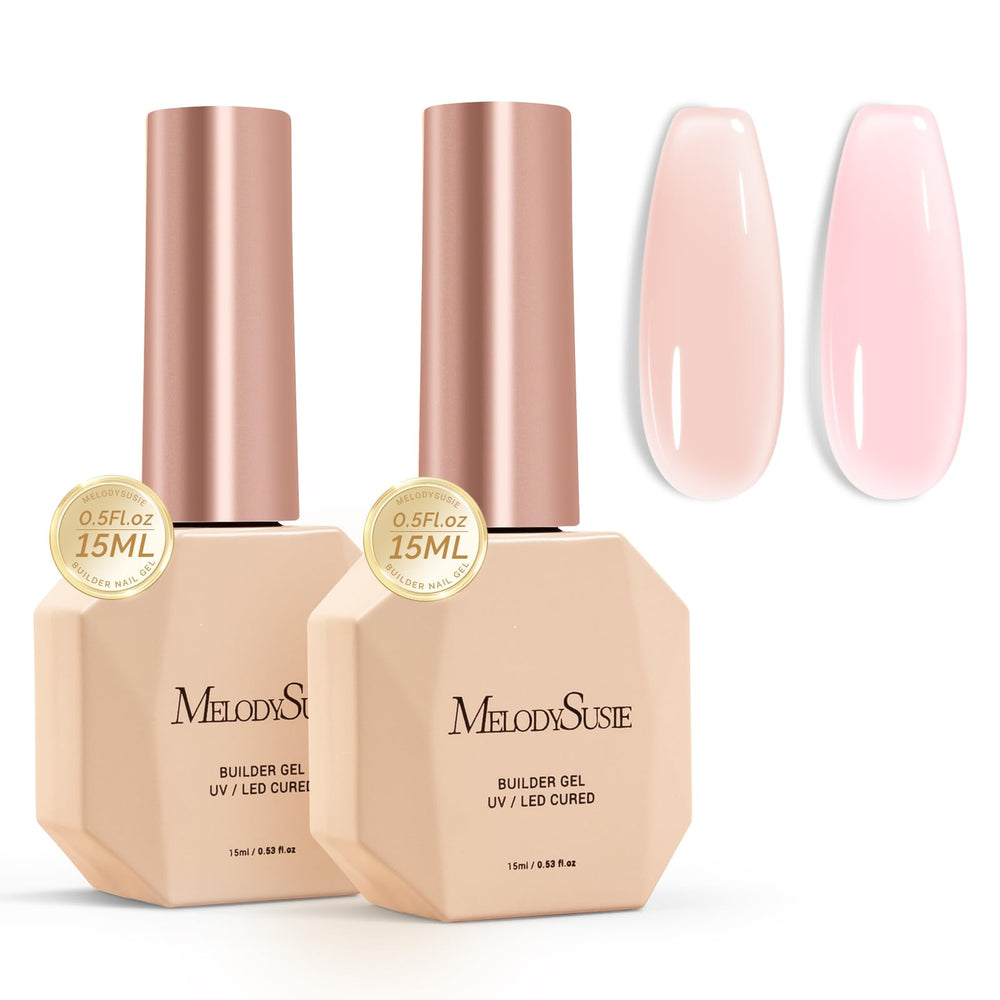 MelodySusie front packaging showing two 15ml builder gel bottles and benefits