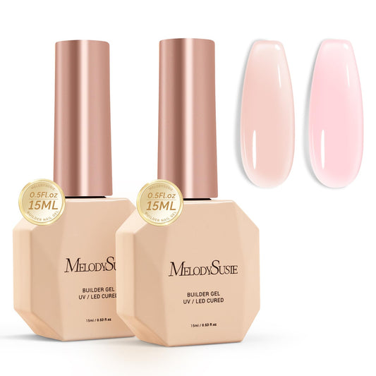 MelodySusie front packaging showing two 15ml builder gel bottles and benefits