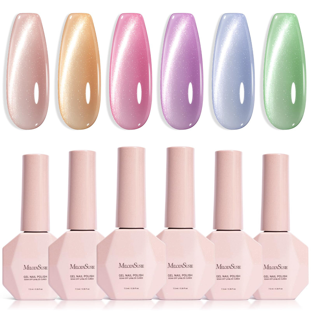 MelodySusie front packaging showing six cat eye gel bottles and magnet — clear kit contents