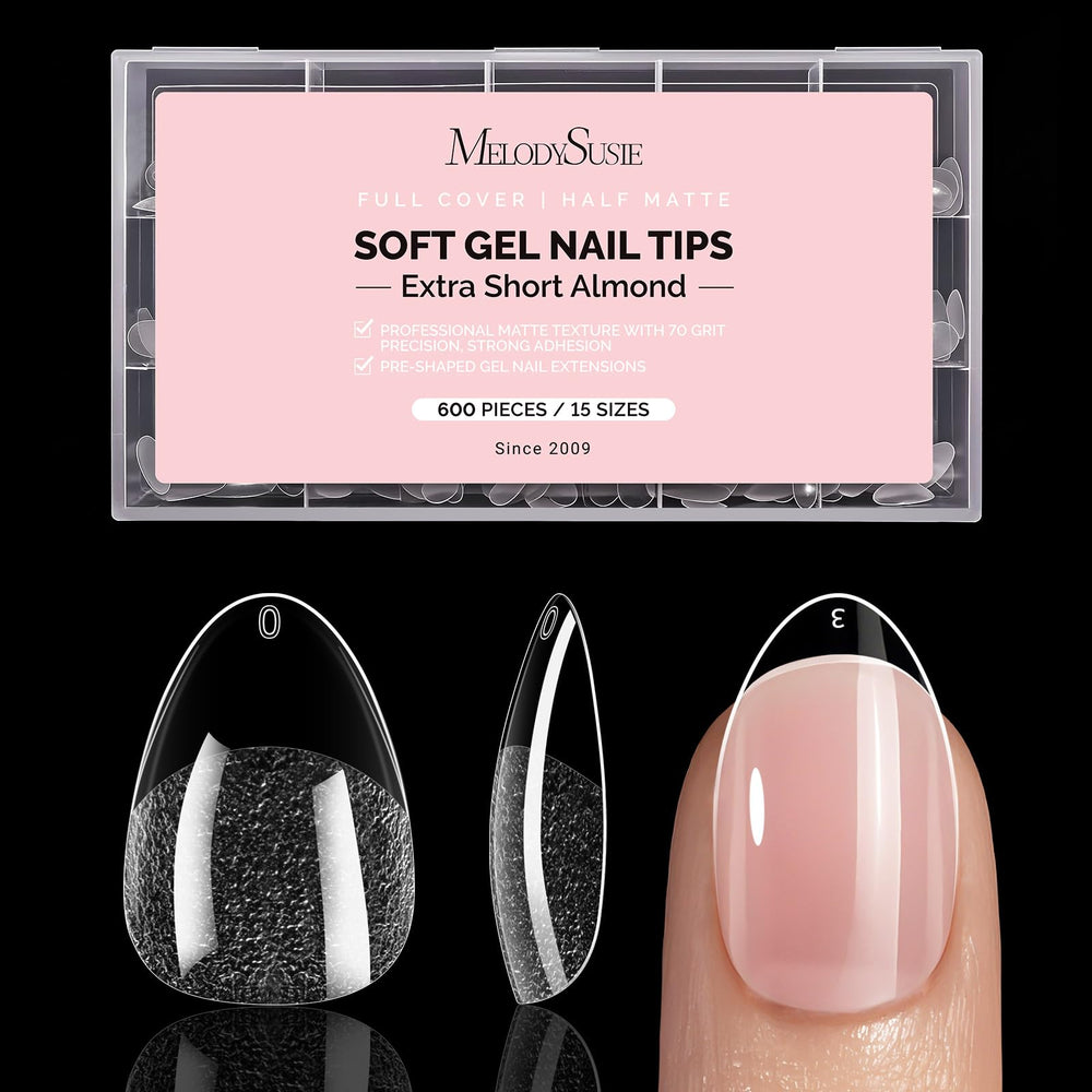MelodySusie front packaging showing 600 clear almond tips and quick selection benefit