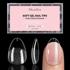MelodySusie front packaging showing 600 clear almond tips and quick selection benefit