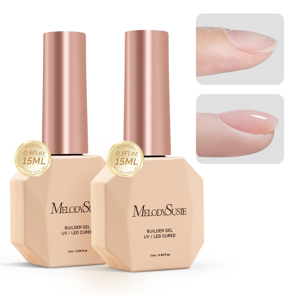 MelodySusie front packaging showing two clear builder gel bottles and benefits
