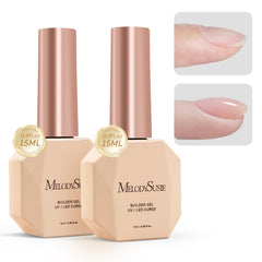 MelodySusie front packaging showing two clear builder gel bottles and benefits