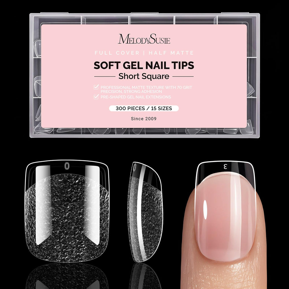 MelodySusie front packaging showing 300 clear short square tips, convenient kit for DIY