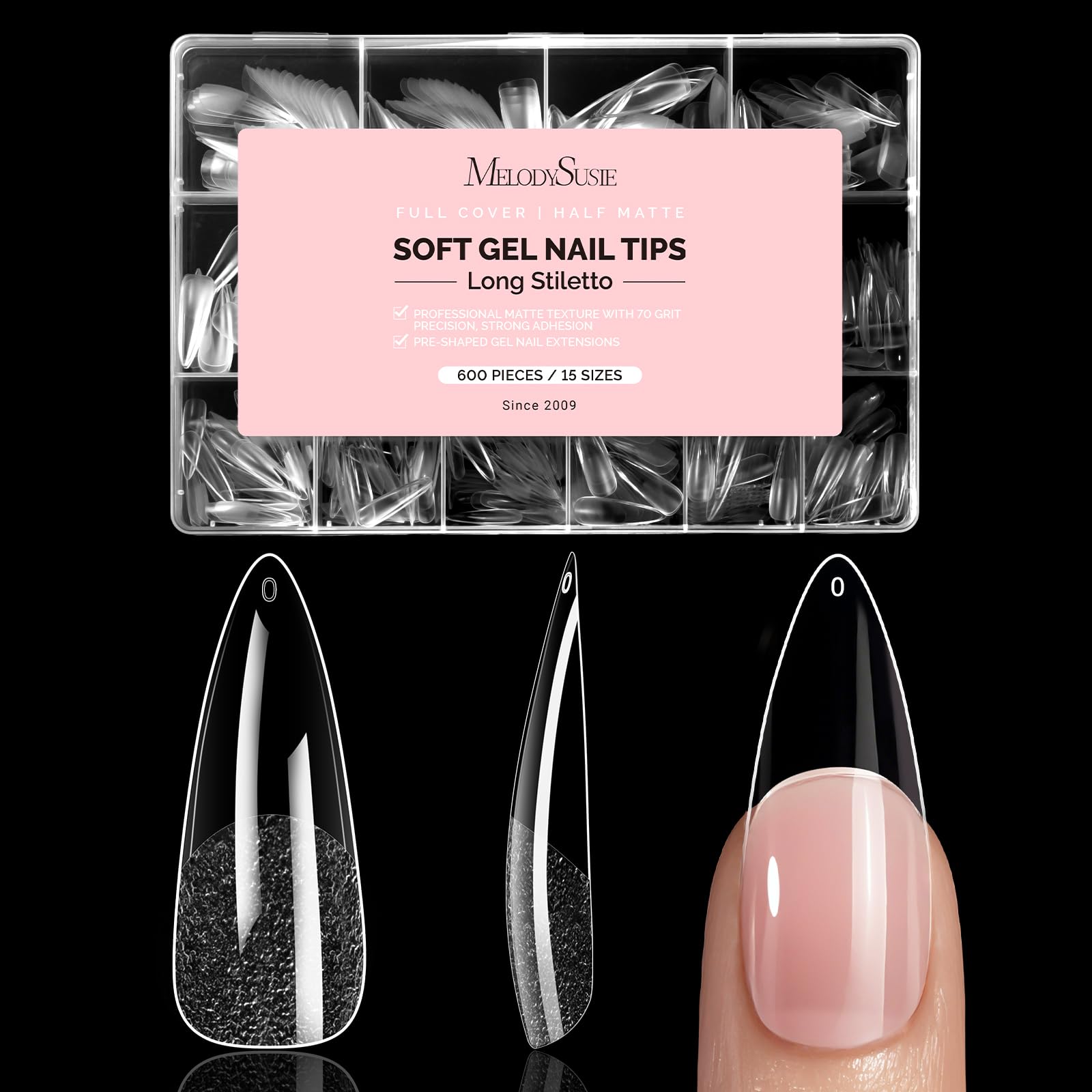 MelodySusie front packaging showing 600-piece kit and long almond stiletto tips, convenient supply
