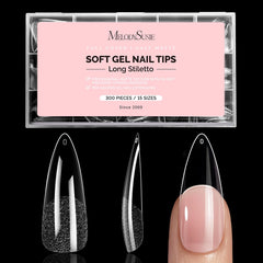 MelodySusie front packaging showing 300-piece kit and almond stiletto shape benefit quick selection
