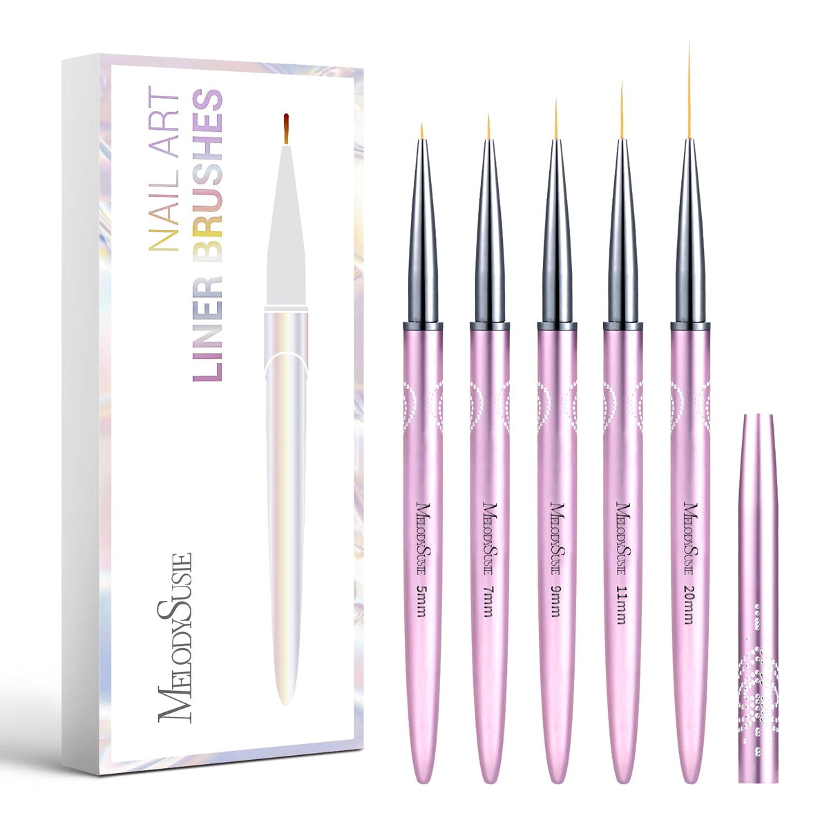 MelodySusie front packaging showing five liner brushes and caps, clear organization benefit