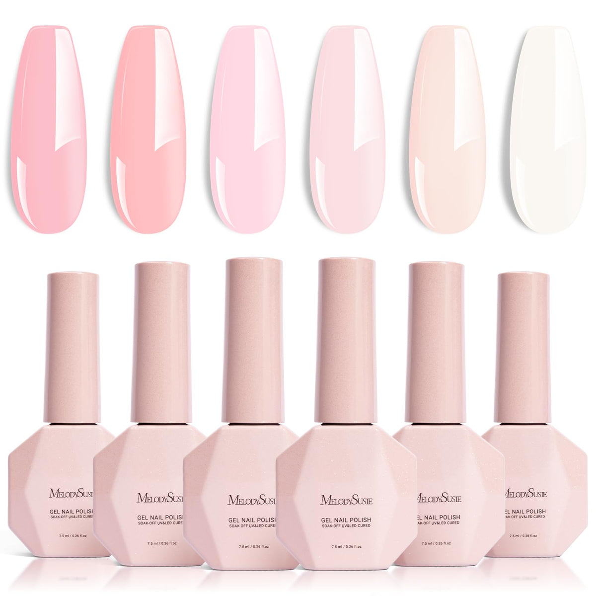 MelodySusie front packaging showing six pastel pink gel bottles with clear labeling and neat arrangement