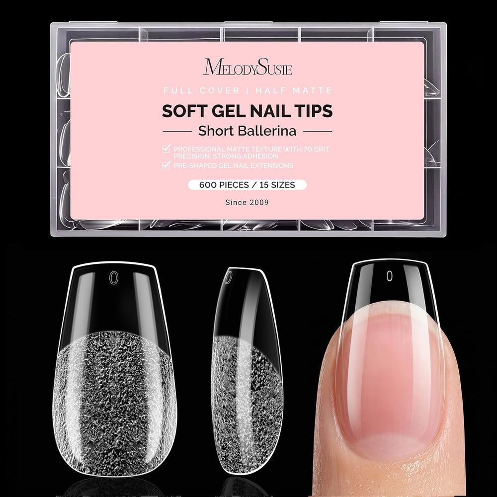 MelodySusie box front showing 600pcs kit and clear ballerina tips for salon convenience