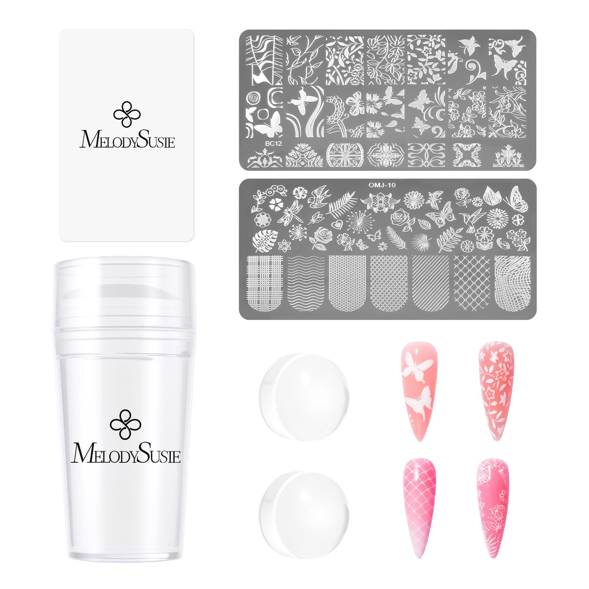 MelodySusie front packaging showing complete stamper kit and contents, convenient storage benefit