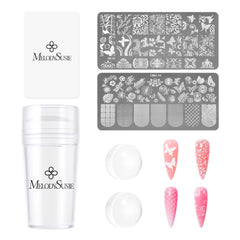 MelodySusie front packaging showing complete stamper kit and contents, convenient storage benefit