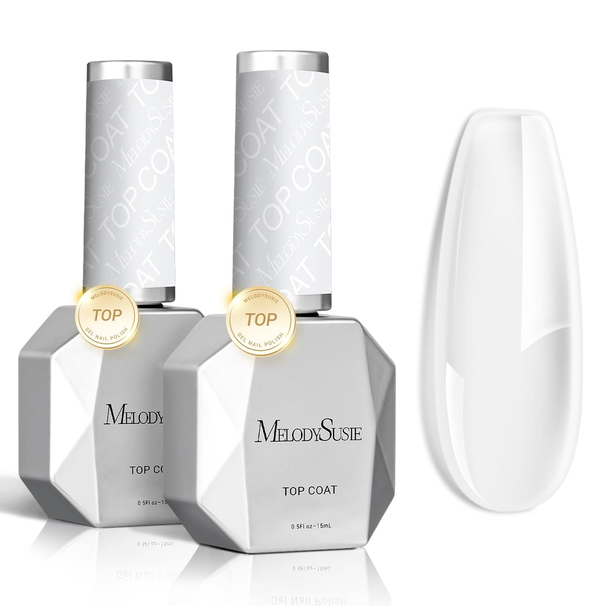 MelodySusie front packaging showing two no-wipe top coat bottles and label benefits