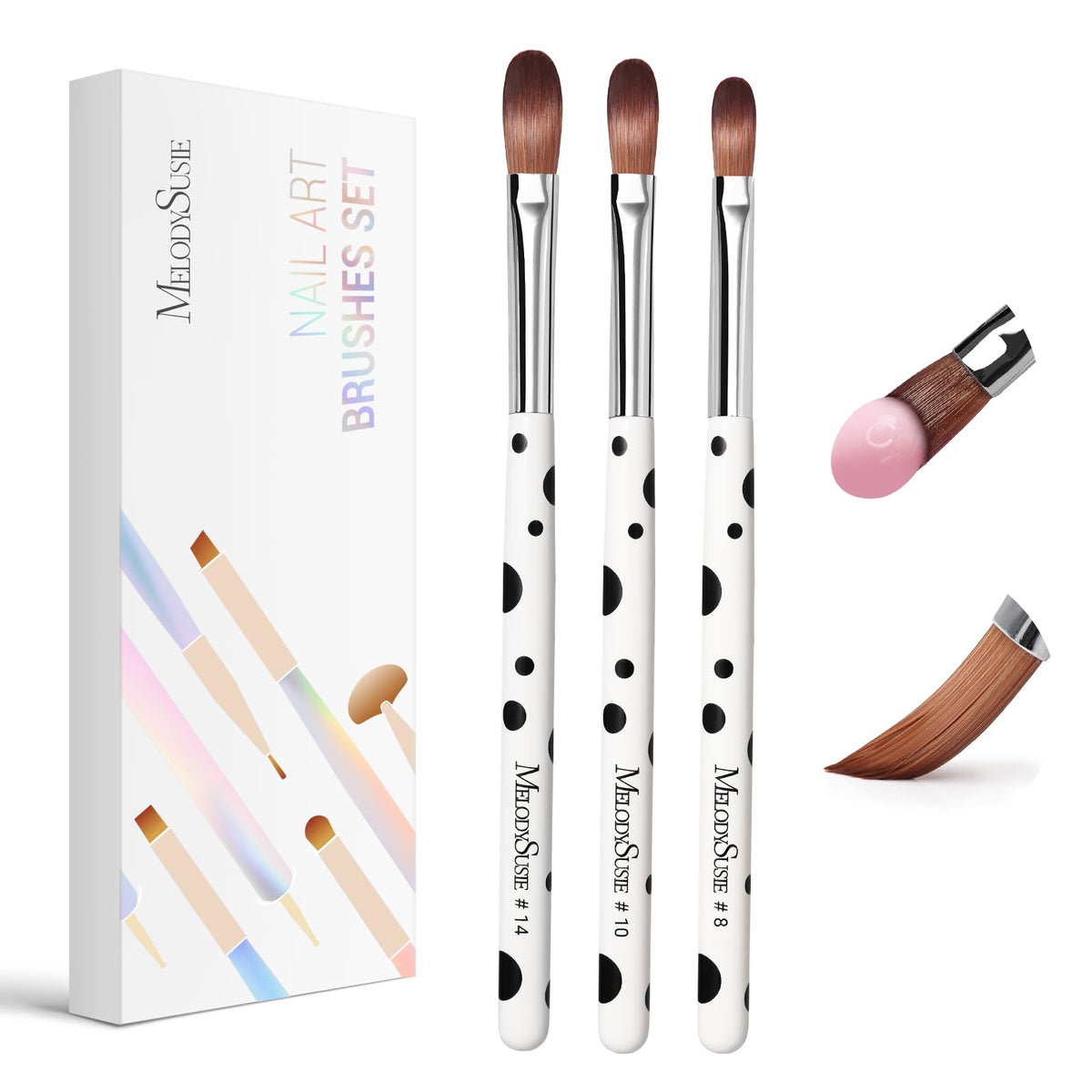MelodySusie front packaging showing three acrylic brushes and compact case, highlights convenience