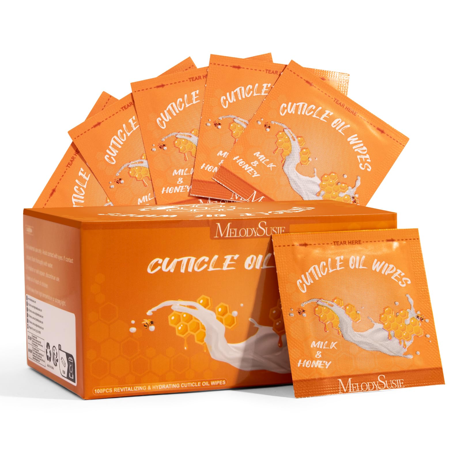 MelodySusie front packaging showing 100 travel cuticle oil pads and benefits