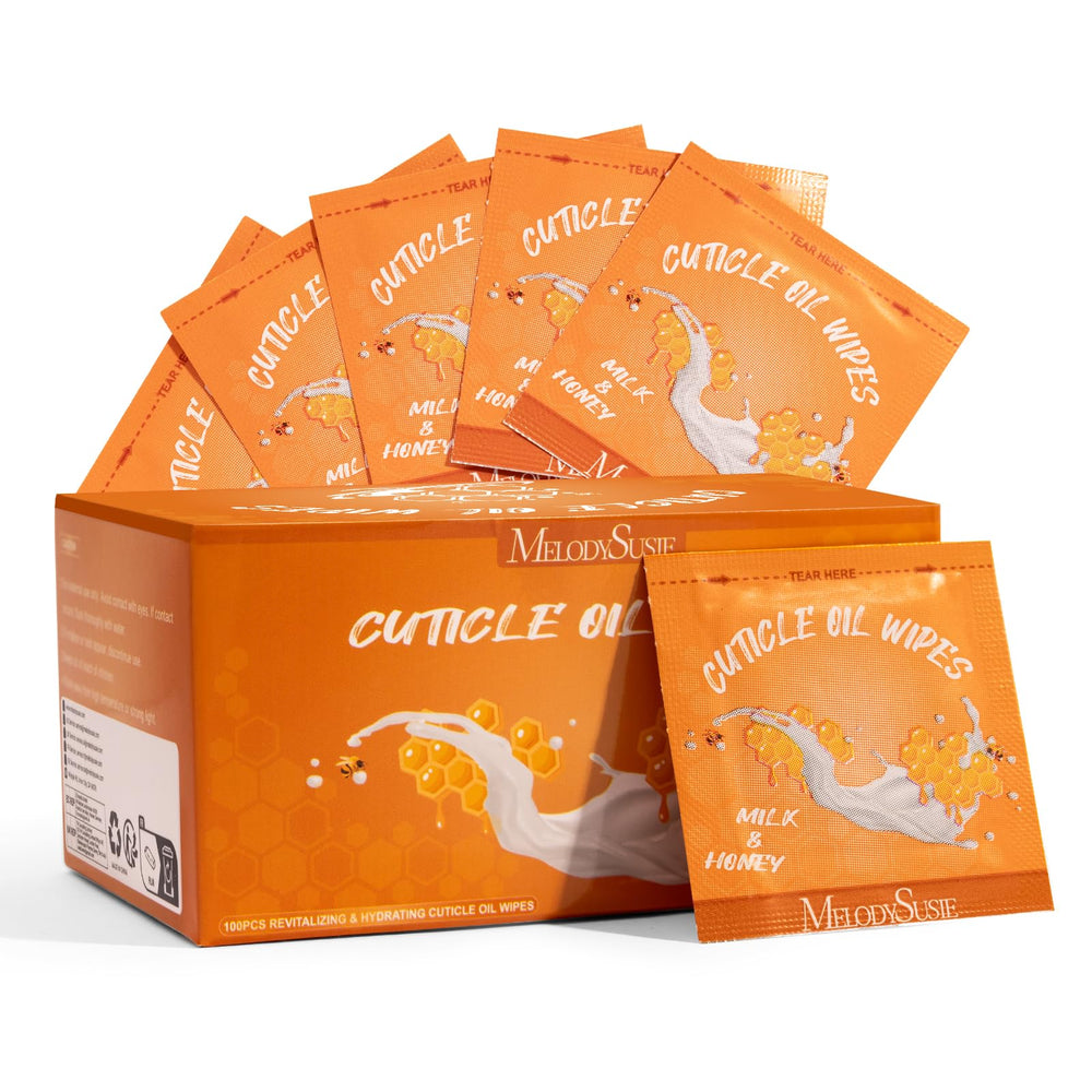 MelodySusie front packaging showing 100 travel cuticle oil pads and benefits