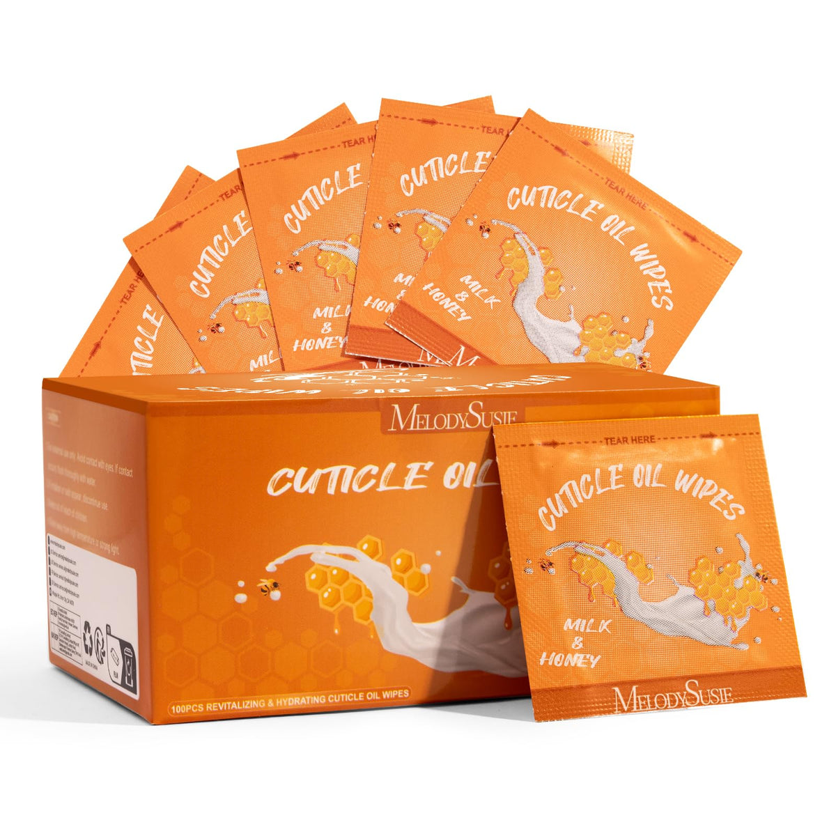 MelodySusie front packaging showing 100 travel cuticle oil pads and benefits