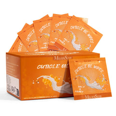 MelodySusie front packaging showing 100 travel cuticle oil pads and benefits