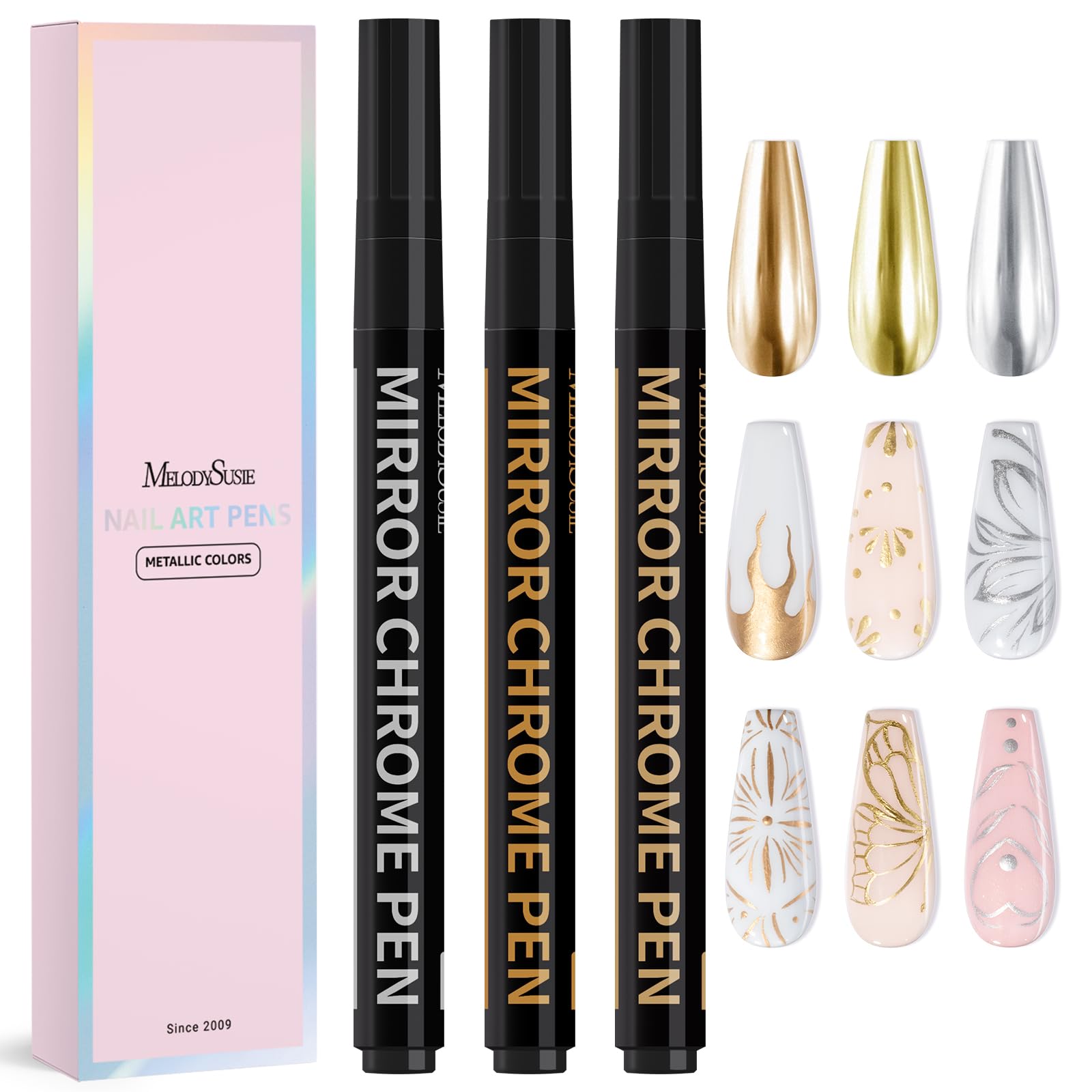 MelodySusie front packaging showing three chrome metallic nail pens and benefits