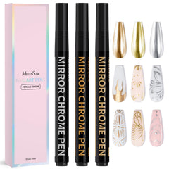 MelodySusie front packaging showing three chrome metallic nail pens and benefits