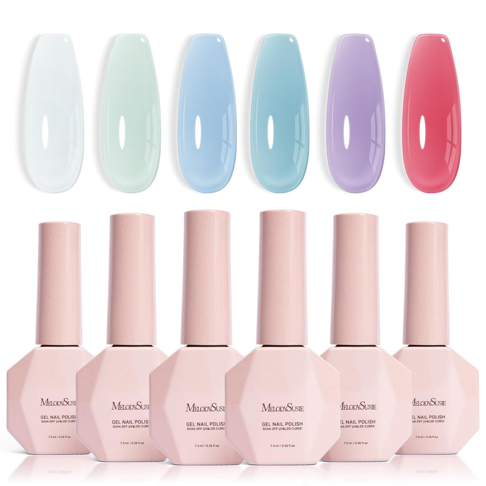 MelodySusie front packaging showing six pastel jelly gel bottles for easy identification