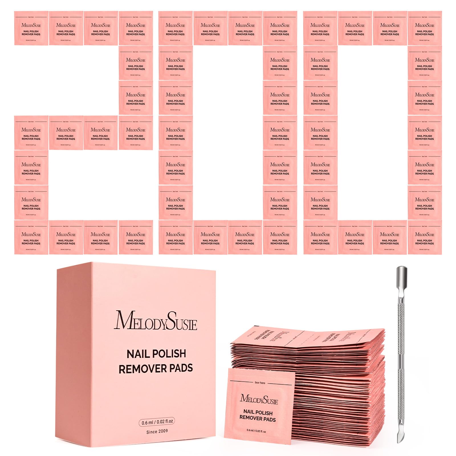 MelodySusie front packaging showing 200 individually wrapped remover pads for convenience
