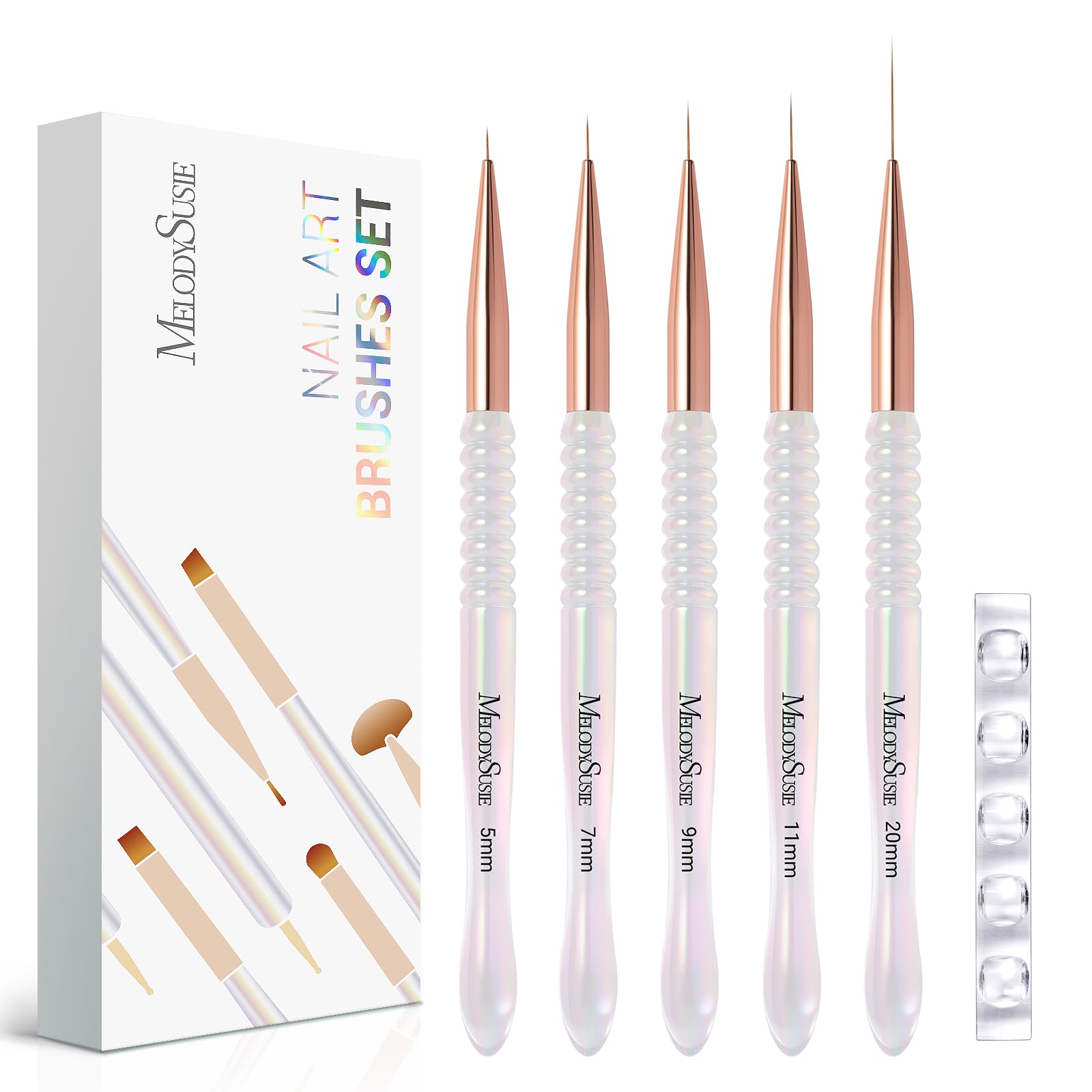MelodySusie front packaging showing full 5-piece brush set and holder for organized storage