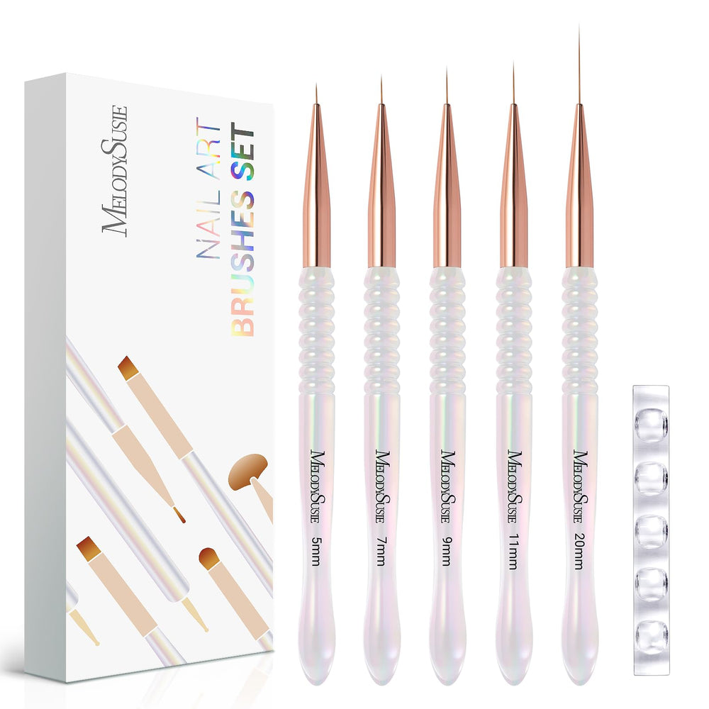 MelodySusie front packaging showing full 5-piece brush set and holder for organized storage