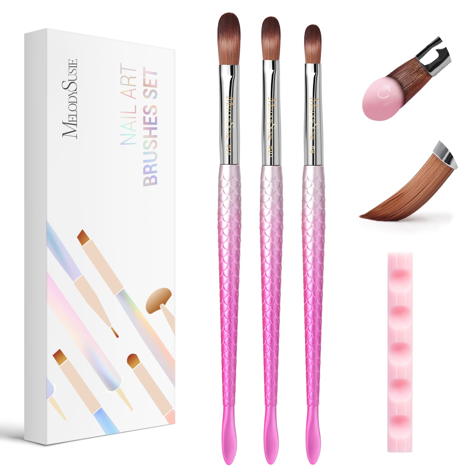 MelodySusie front view showing three brushes and holder, clear organized kit benefit