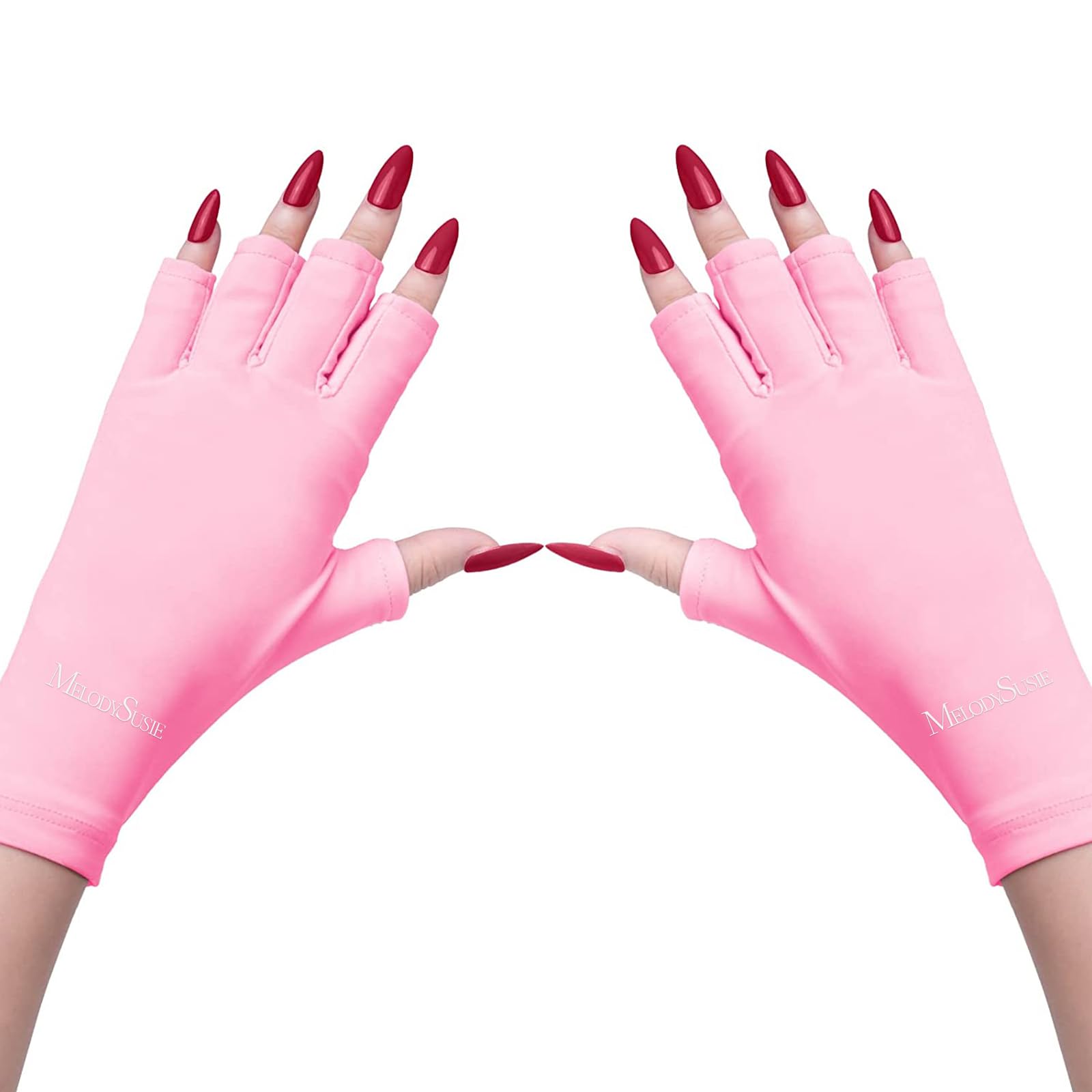 MelodySusie front view of pink UPF50+ gloves showing full hand coverage and style benefit