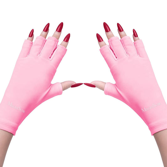 MelodySusie front view of pink UPF50+ gloves showing full hand coverage and style benefit