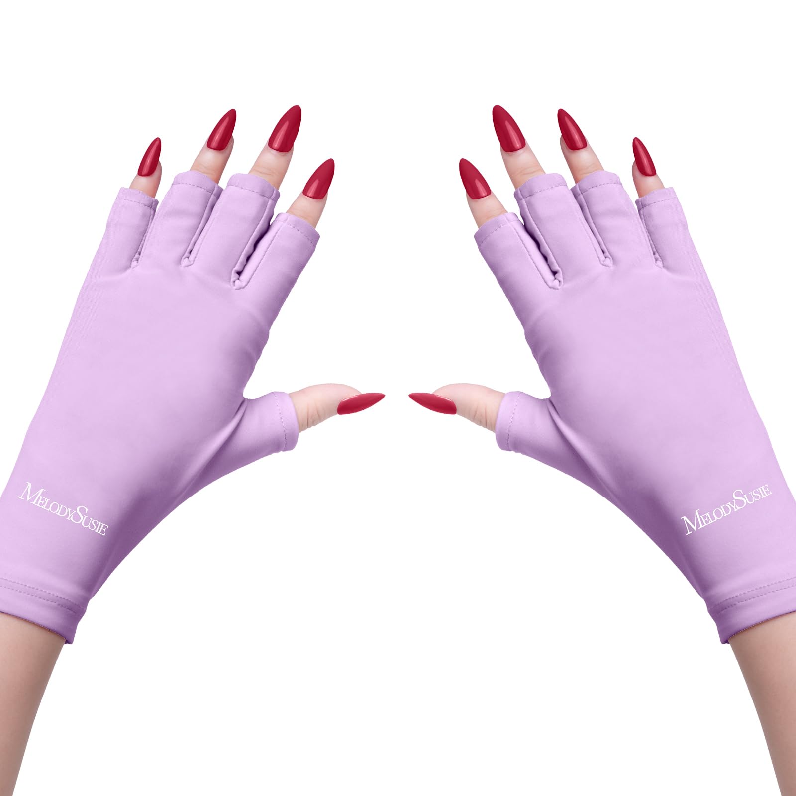MelodySusie front view purple gloves showing full fingerless coverage and UPF protection
