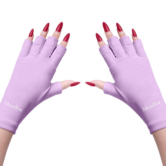 MelodySusie front view purple gloves showing full fingerless coverage and UPF protection