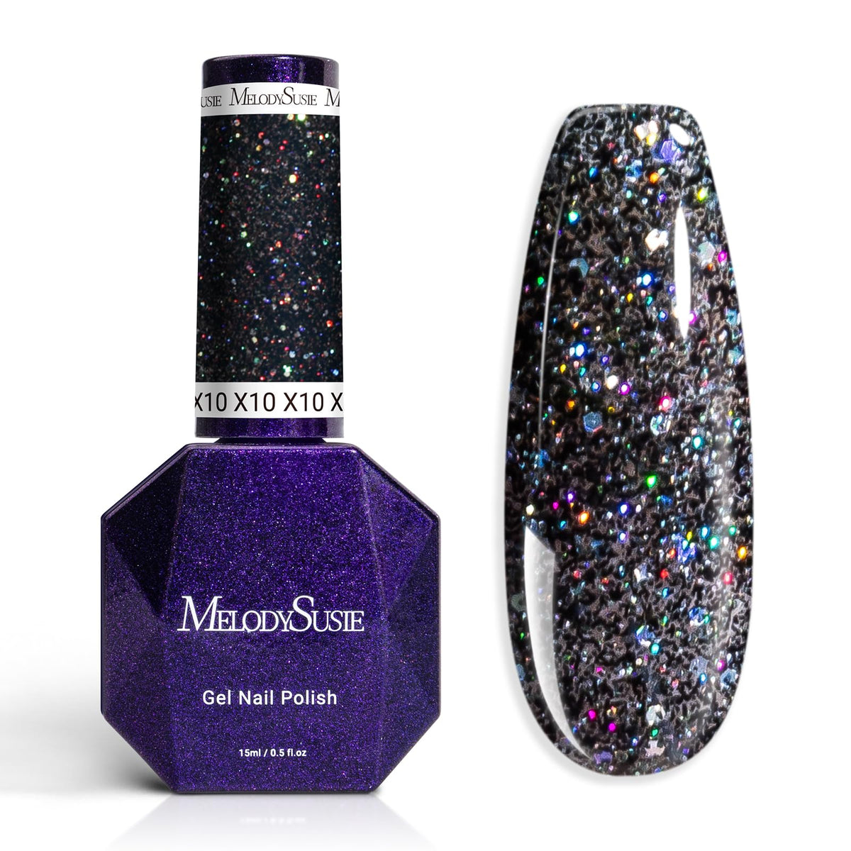 MelodySusie black glitter gel bottle front showing label and shine benefits