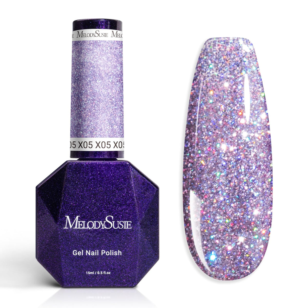 MelodySusie bottle front view showing purple glitter polish and vibrant finish