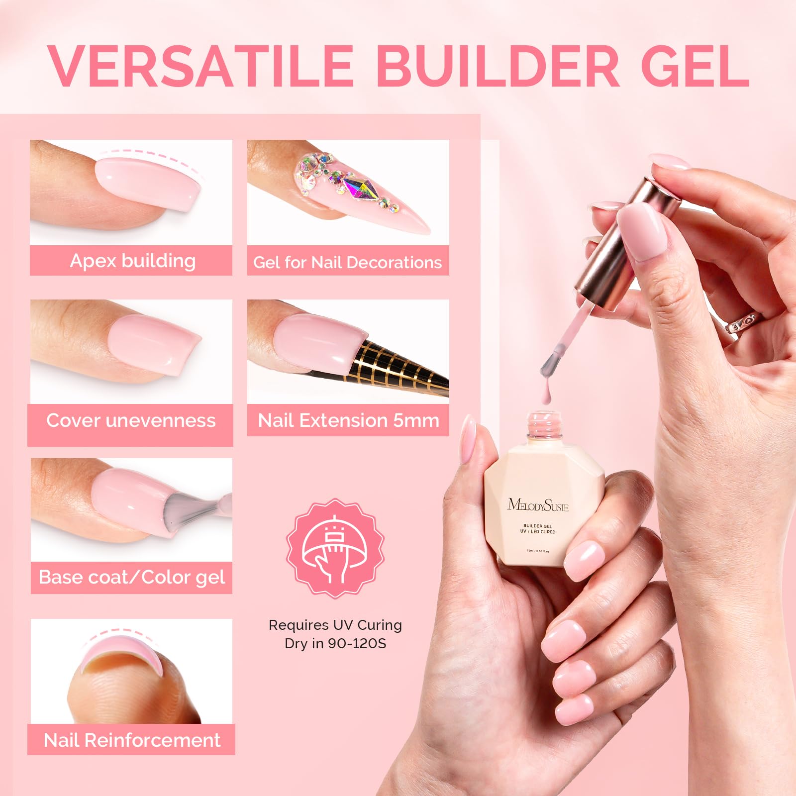 MelodySusie builder gel applied on a nail extension showing strong structure