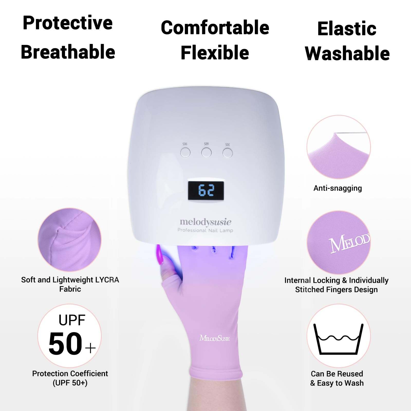 MelodySusie gloves in use under a gel lamp protecting hands during nail curing