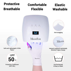 MelodySusie gloves in use under gel lamp protecting skin during curing